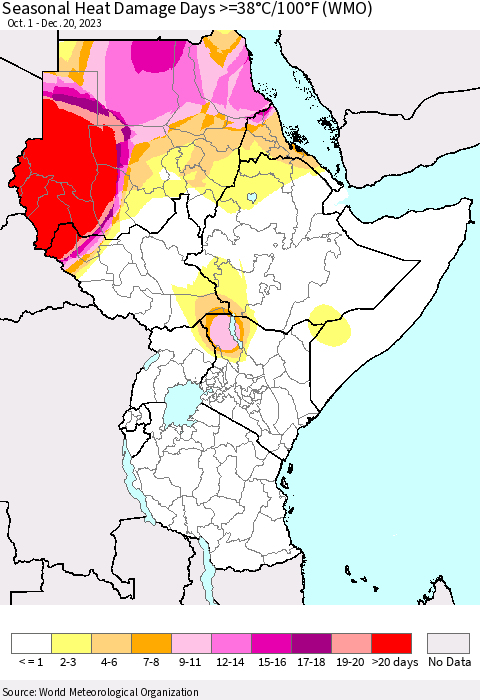 Eastern Africa Seasonal Heat Damage Days >=38°C/100°F (WMO) Thematic Map For 10/1/2023 - 12/20/2023