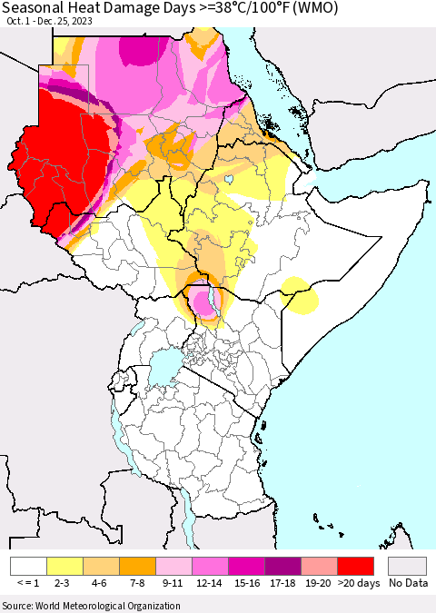 Eastern Africa Seasonal Heat Damage Days >=38°C/100°F (WMO) Thematic Map For 10/1/2023 - 12/25/2023
