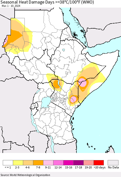 Eastern Africa Seasonal Heat Damage Days >=38°C/100°F (WMO) Thematic Map For 3/1/2024 - 3/10/2024