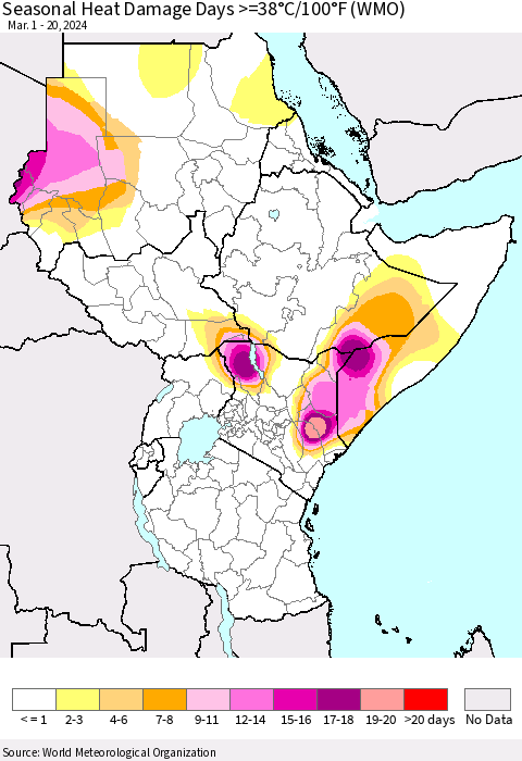Eastern Africa Seasonal Heat Damage Days >=38°C/100°F (WMO) Thematic Map For 3/1/2024 - 3/20/2024