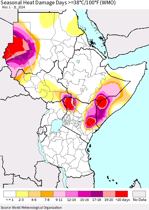 Eastern Africa Seasonal Heat Damage Days >=38°C/100°F (WMO) Thematic Map For 3/1/2024 - 3/31/2024