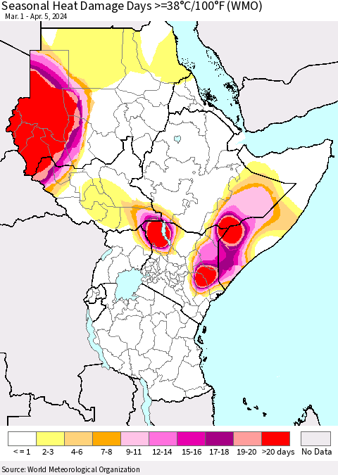 Eastern Africa Seasonal Heat Damage Days >=38°C/100°F (WMO) Thematic Map For 3/1/2024 - 4/5/2024