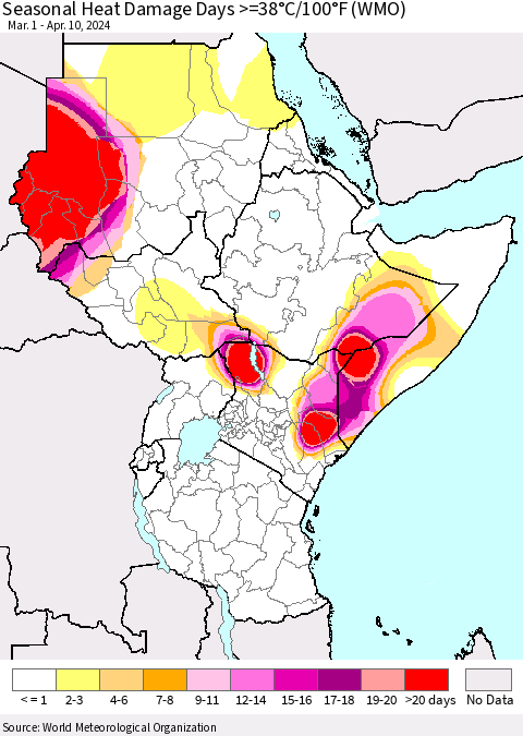 Eastern Africa Seasonal Heat Damage Days >=38°C/100°F (WMO) Thematic Map For 3/1/2024 - 4/10/2024