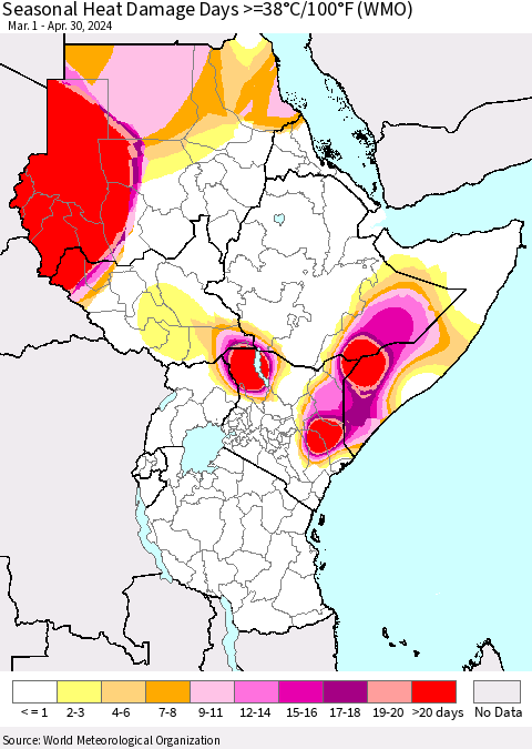 Eastern Africa Seasonal Heat Damage Days >=38°C/100°F (WMO) Thematic Map For 3/1/2024 - 4/30/2024