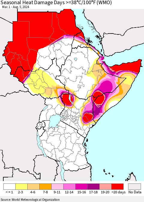 Eastern Africa Seasonal Heat Damage Days >=38°C/100°F (WMO) Thematic Map For 3/1/2024 - 8/5/2024