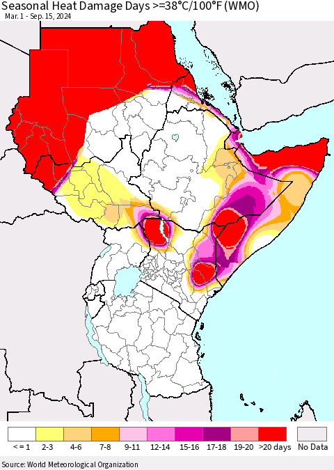 Eastern Africa Seasonal Heat Damage Days >=38°C/100°F (WMO) Thematic Map For 3/1/2024 - 9/15/2024