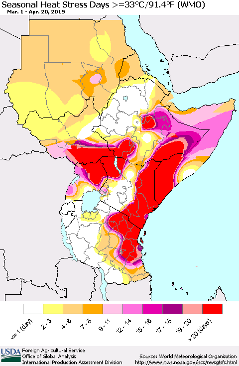 Eastern Africa Seasonal Heat Stress Days >=35°C/95°F (WMO) Thematic Map For 3/1/2019 - 4/20/2019