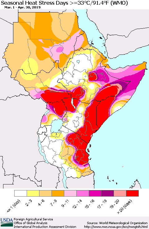 Eastern Africa Seasonal Heat Stress Days >=35°C/95°F (WMO) Thematic Map For 3/1/2019 - 4/30/2019