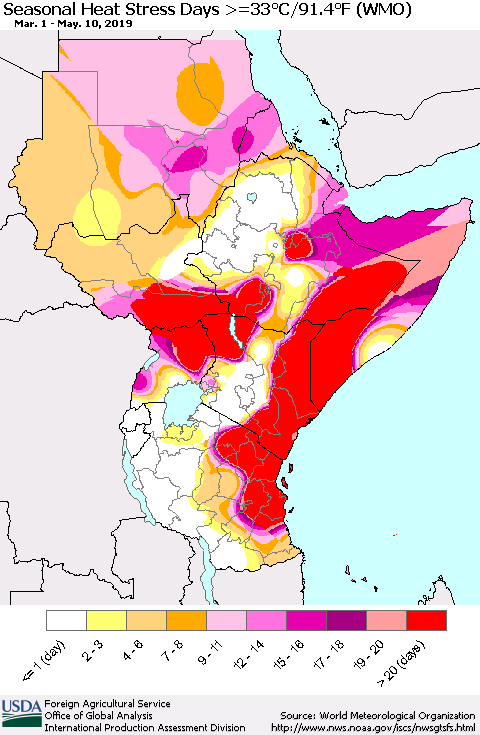Eastern Africa Seasonal Heat Stress Days >=35°C/95°F (WMO) Thematic Map For 3/1/2019 - 5/10/2019
