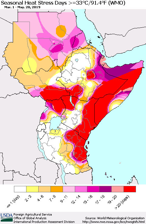 Eastern Africa Seasonal Heat Stress Days >=35°C/95°F (WMO) Thematic Map For 3/1/2019 - 5/20/2019