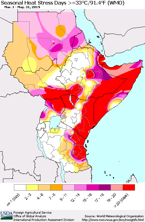 Eastern Africa Seasonal Heat Stress Days >=35°C/95°F (WMO) Thematic Map For 3/1/2019 - 5/31/2019
