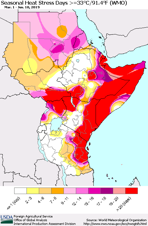 Eastern Africa Seasonal Heat Stress Days >=35°C/95°F (WMO) Thematic Map For 3/1/2019 - 6/10/2019