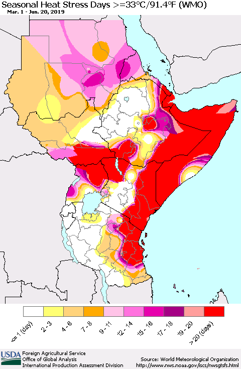Eastern Africa Seasonal Heat Stress Days >=35°C/95°F (WMO) Thematic Map For 3/1/2019 - 6/20/2019