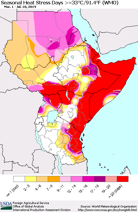 Eastern Africa Seasonal Heat Stress Days >=35°C/95°F (WMO) Thematic Map For 3/1/2019 - 7/10/2019