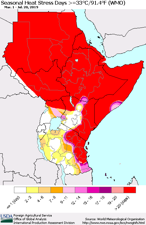 Eastern Africa Seasonal Heat Stress Days >=35°C/95°F (WMO) Thematic Map For 3/1/2019 - 7/20/2019