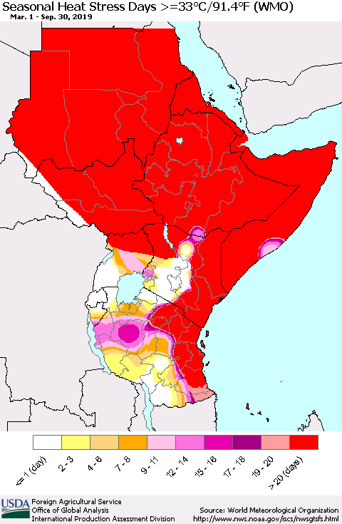 Eastern Africa Seasonal Heat Stress Days >=35°C/95°F (WMO) Thematic Map For 3/1/2019 - 9/30/2019