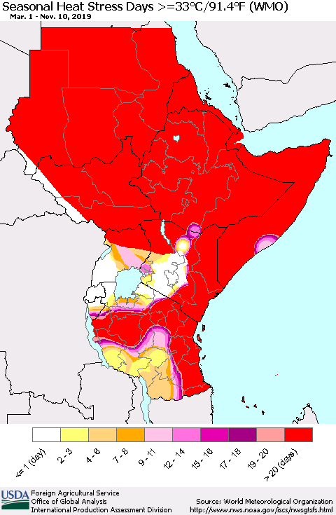 Eastern Africa Seasonal Heat Stress Days >=35°C/95°F (WMO) Thematic Map For 3/1/2019 - 11/10/2019