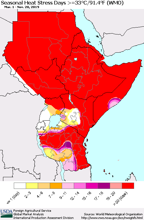 Eastern Africa Seasonal Heat Stress Days >=35°C/95°F (WMO) Thematic Map For 3/1/2019 - 11/20/2019