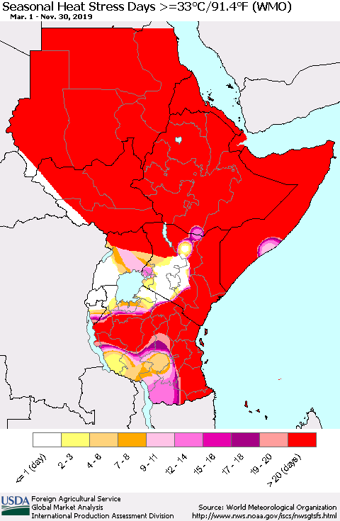 Eastern Africa Seasonal Heat Stress Days >=35°C/95°F (WMO) Thematic Map For 3/1/2019 - 11/30/2019