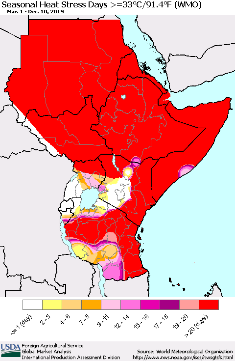 Eastern Africa Seasonal Heat Stress Days >=35°C/95°F (WMO) Thematic Map For 3/1/2019 - 12/10/2019
