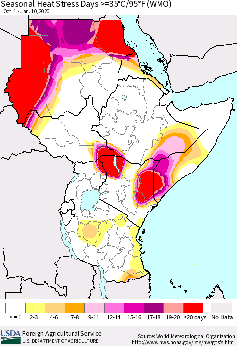 Eastern Africa Seasonal Heat Stress Days >=35°C/95°F (WMO) Thematic Map For 10/1/2019 - 1/10/2020