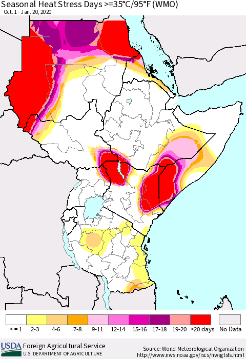 Eastern Africa Seasonal Heat Stress Days >=35°C/95°F (WMO) Thematic Map For 10/1/2019 - 1/20/2020