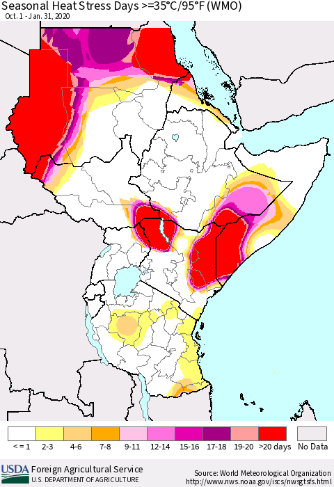 Eastern Africa Seasonal Heat Stress Days >=35°C/95°F (WMO) Thematic Map For 10/1/2019 - 1/31/2020