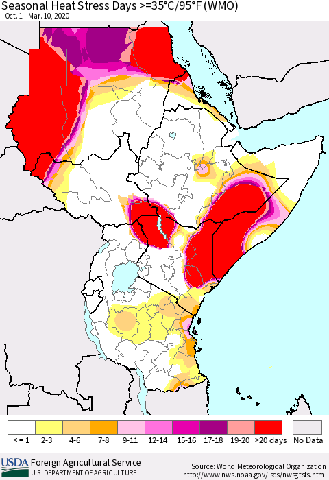 Eastern Africa Seasonal Heat Stress Days >=35°C/95°F (WMO) Thematic Map For 10/1/2019 - 3/10/2020