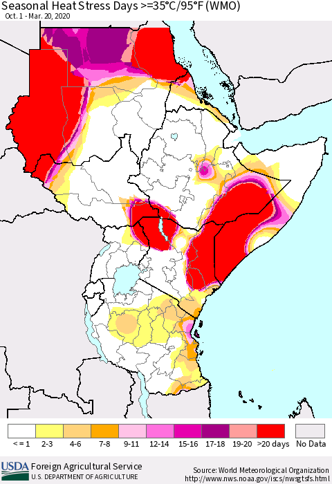Eastern Africa Seasonal Heat Stress Days >=35°C/95°F (WMO) Thematic Map For 10/1/2019 - 3/20/2020
