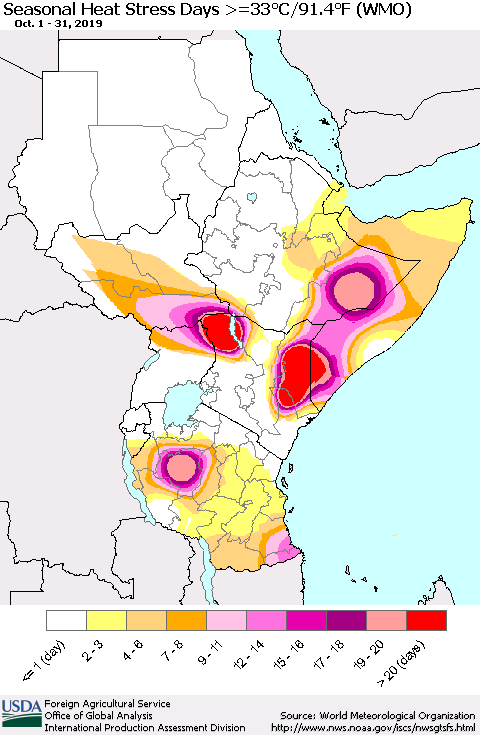 Eastern Africa Seasonal Heat Stress Days >=35°C/95°F (WMO) Thematic Map For 10/1/2019 - 10/31/2019