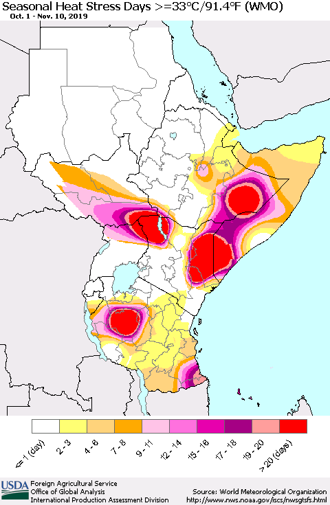 Eastern Africa Seasonal Heat Stress Days >=35°C/95°F (WMO) Thematic Map For 10/1/2019 - 11/10/2019
