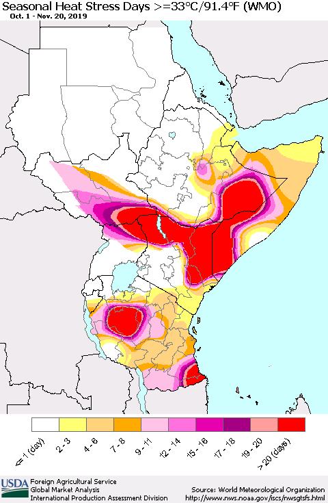 Eastern Africa Seasonal Heat Stress Days >=35°C/95°F (WMO) Thematic Map For 10/1/2019 - 11/20/2019