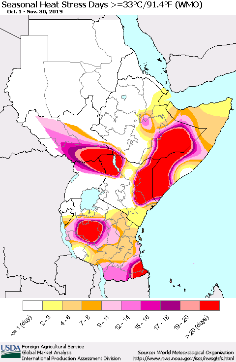 Eastern Africa Seasonal Heat Stress Days >=35°C/95°F (WMO) Thematic Map For 10/1/2019 - 11/30/2019