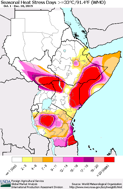 Eastern Africa Seasonal Heat Stress Days >=35°C/95°F (WMO) Thematic Map For 10/1/2019 - 12/10/2019
