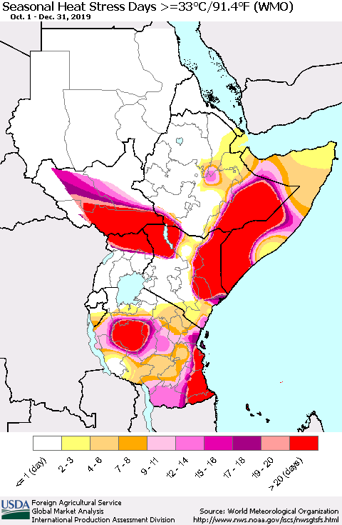 Eastern Africa Seasonal Heat Stress Days >=35°C/95°F (WMO) Thematic Map For 10/1/2019 - 12/31/2019