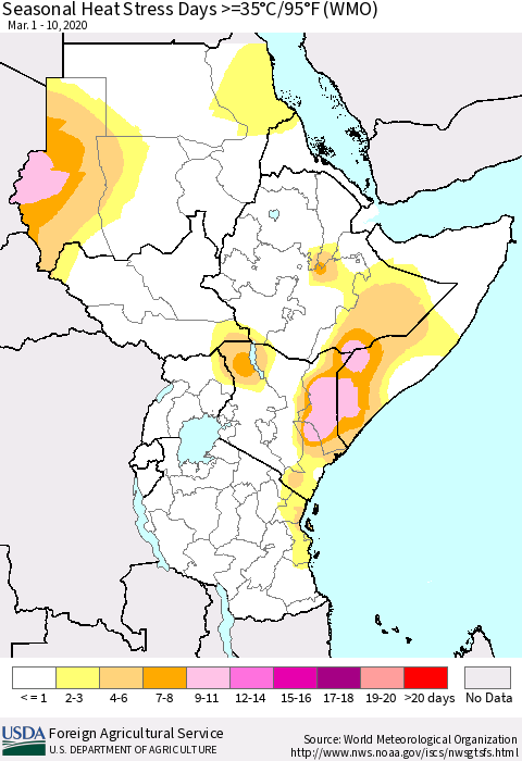 Eastern Africa Seasonal Heat Stress Days >=35°C/95°F (WMO) Thematic Map For 3/1/2020 - 3/10/2020