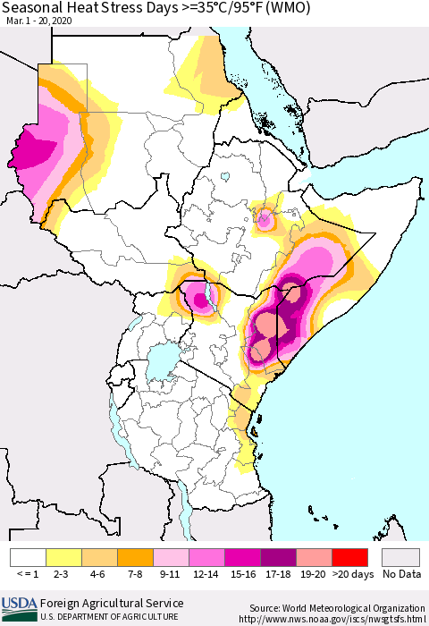 Eastern Africa Seasonal Heat Stress Days >=35°C/95°F (WMO) Thematic Map For 3/1/2020 - 3/20/2020