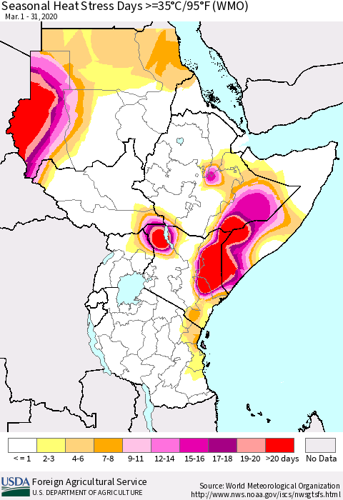 Eastern Africa Seasonal Heat Stress Days >=35°C/95°F (WMO) Thematic Map For 3/1/2020 - 3/31/2020