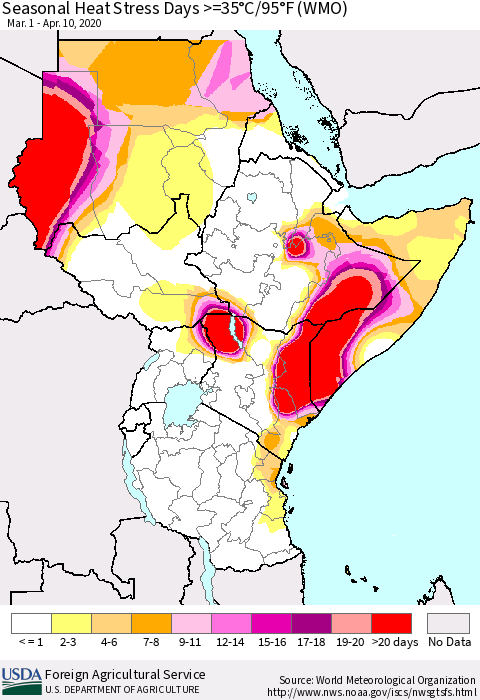 Eastern Africa Seasonal Heat Stress Days >=35°C/95°F (WMO) Thematic Map For 3/1/2020 - 4/10/2020