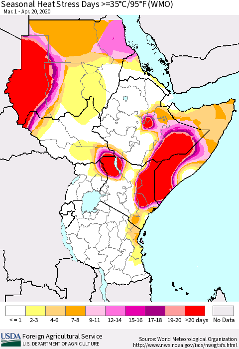 Eastern Africa Seasonal Heat Stress Days >=35°C/95°F (WMO) Thematic Map For 3/1/2020 - 4/20/2020