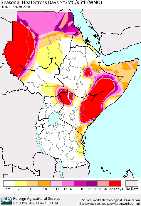 Eastern Africa Seasonal Heat Stress Days >=35°C/95°F (WMO) Thematic Map For 3/1/2020 - 4/30/2020