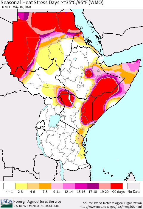 Eastern Africa Seasonal Heat Stress Days >=35°C/95°F (WMO) Thematic Map For 3/1/2020 - 5/10/2020
