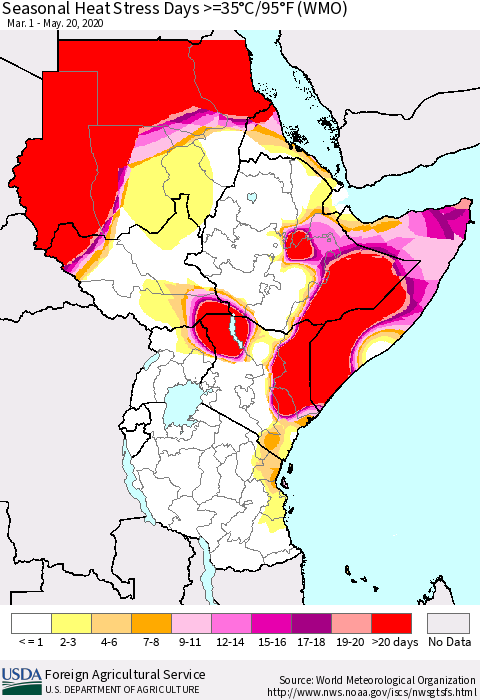 Eastern Africa Seasonal Heat Stress Days >=35°C/95°F (WMO) Thematic Map For 3/1/2020 - 5/20/2020