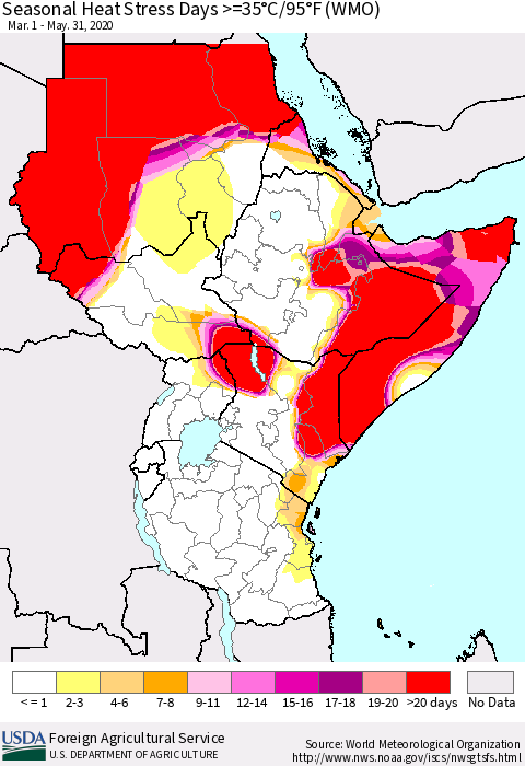 Eastern Africa Seasonal Heat Stress Days >=35°C/95°F (WMO) Thematic Map For 3/1/2020 - 5/31/2020
