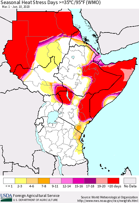 Eastern Africa Seasonal Heat Stress Days >=35°C/95°F (WMO) Thematic Map For 3/1/2020 - 6/10/2020