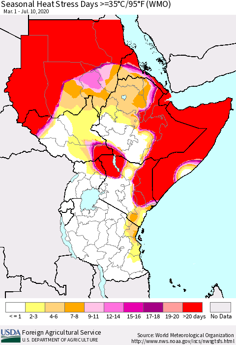 Eastern Africa Seasonal Heat Stress Days >=35°C/95°F (WMO) Thematic Map For 3/1/2020 - 7/10/2020