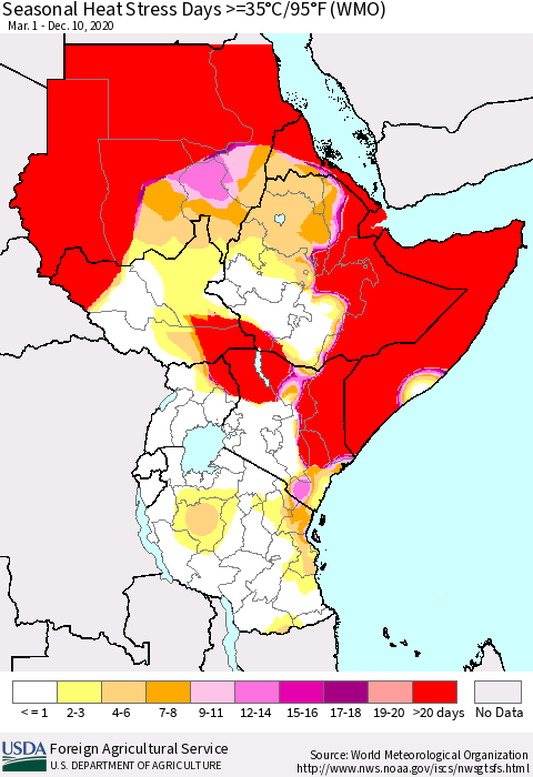 Eastern Africa Seasonal Heat Stress Days >=35°C/95°F (WMO) Thematic Map For 3/1/2020 - 12/10/2020