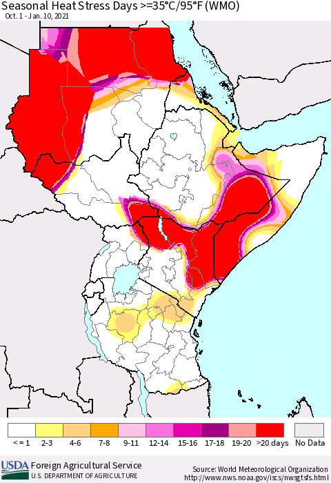 Eastern Africa Seasonal Heat Stress Days >=35°C/95°F (WMO) Thematic Map For 10/1/2020 - 1/10/2021