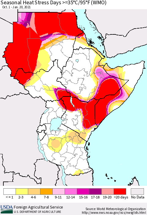 Eastern Africa Seasonal Heat Stress Days >=35°C/95°F (WMO) Thematic Map For 10/1/2020 - 1/20/2021