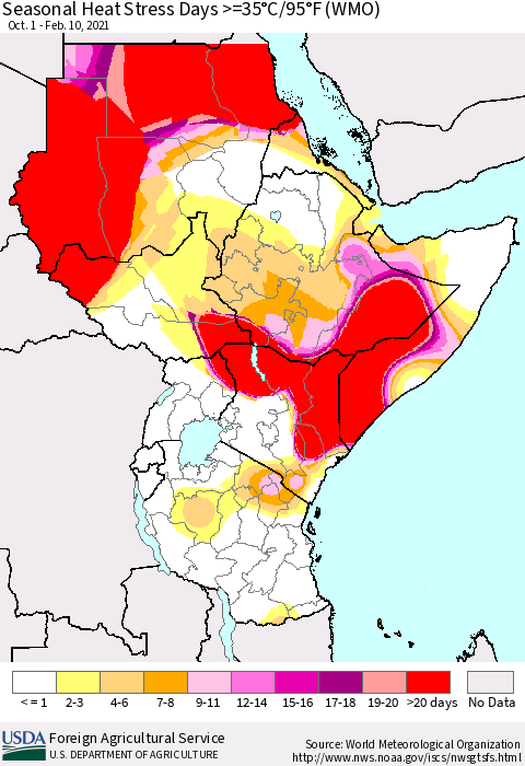 Eastern Africa Seasonal Heat Stress Days >=35°C/95°F (WMO) Thematic Map For 10/1/2020 - 2/10/2021